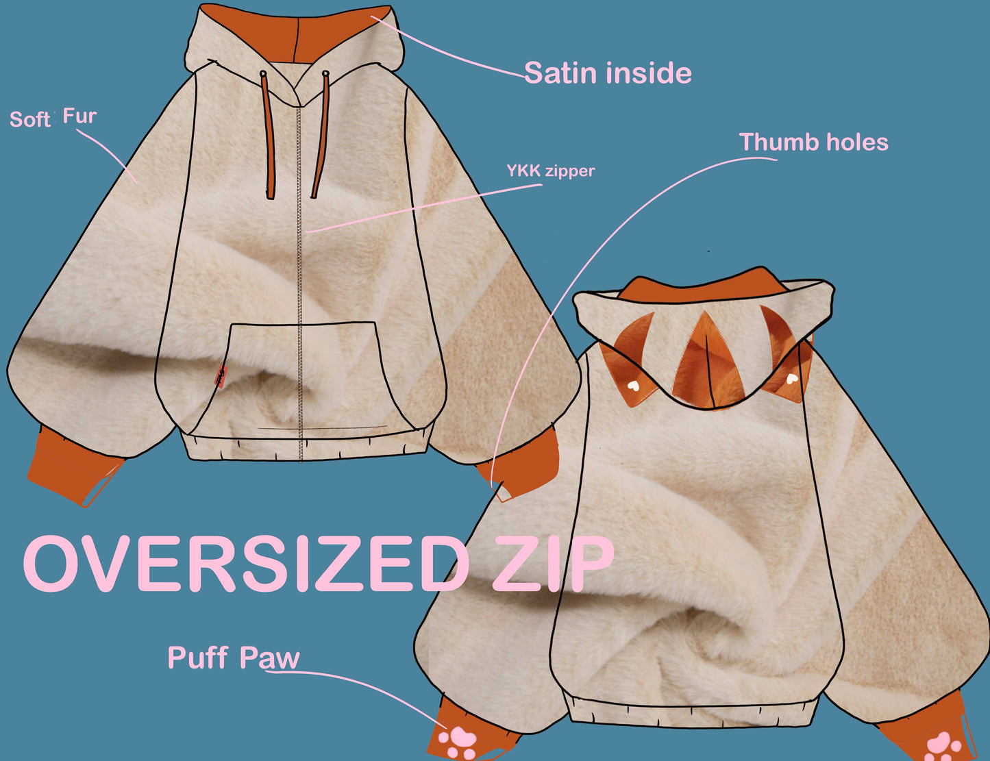 (PRE-ORDER) Fuzzy Orange Cat Oversized Zip Hoodie