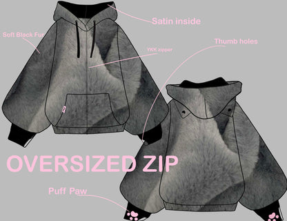 (PRE-ORDER) Fuzzy Grey Cat Oversized Zip Hoodie