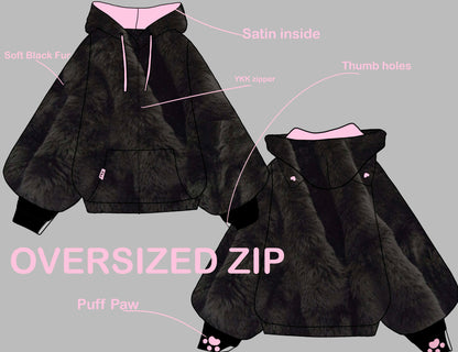 (PRE-ORDER) Fuzzy Black Cat Oversized Zip Hoodie
