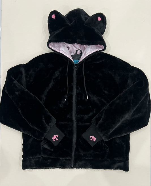 (PRE-ORDER) Fuzzy Black Cat Oversized Zip Hoodie